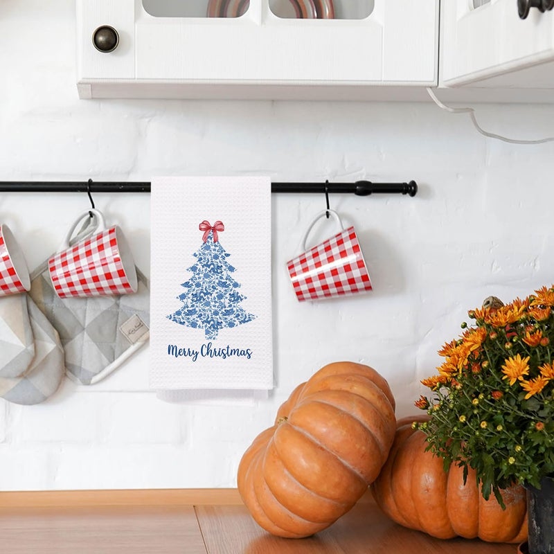 SPBL&L Merry Christmas Tree Kitchen Towels, Blue and White Chinoiserie Hand Towels for Bathroom, Red Bow Dish Towels, Kitchen Bathroom Decor, 16x24 Inch - Image 4